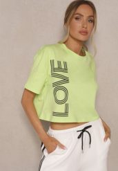 Zielony T-shirt z Bawełny o Krótkim Kroju Ozdobiony Napisem Sannovia. Zielone t-shirty damskie Renee, m, bez wzorów, z bawełny, bez kołnierzyka. Za 39.99 zł.