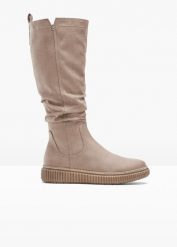 Kozaki Jana, wygodna szerokość. Brązowe kozaki damskie bonprix, bez obcasa, bez zapięcia. Za 299.99 zł.