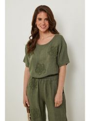 Rodier Lin Lniana koszulka w kolorze khaki rozmiar: XL/XXL. Brązowe bluzki damskie Rodier Lin, xl, bez wzorów, ze lnu, bez kołnierzyka, bez ramiączek. Za 162.95 zł.