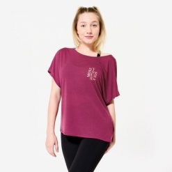 Koszulka z krótkim rękawem do tańca nowoczesnego damska Starever. Fioletowe koszulki damskie DOMYOS, m, bez wzorów, z lyocellu, bez kołnierzyka, bez ramiączek. Za 64.99 zł.