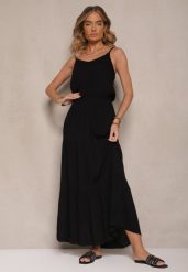 Czarna Rozkloszowana Sukienka z Wiskozy na Ramiączkach Flesira. Czarne sukienki damskie Renee, bez wzorów, z wiskozy, eleganckie, bez ramiączek. W wyprzedaży za 83.99 zł.