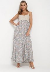 Niebiesko-Zielona Rozkloszowana Sukienka Maxi z Wiskozy w Kwiatowy Print i z Szydełkowym Wzorem Adviana. Niebieskie sukienki damskie Born2be, bez wzorów, z wiskozy, bez ramiączek. W wyprzedaży za 84.99 zł.