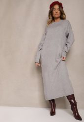 Szara Pudełkowa Sukienka z Dzianiny z Wiskozą Maziala. Szare sukienki damskie Renee, bez wzorów, z dzianiny, eleganckie, bez ramiączek. W wyprzedaży za 111.99 zł.