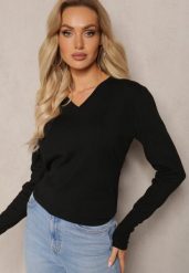 Czarny Sweter z Dekoltem w Serek i Ozdobnymi Guzikami Jara. Czarne swetry klasyczne damskie Renee, m, bez kołnierzyka. Za 74.99 zł.