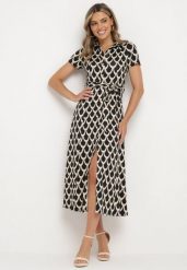 Czarno-Beżowa Koszulowa Sukienka z Kołnierzem i Materiałowym Paskiem w Talii Vranea. Czarne sukienki damskie Born2be, bez wzorów, z materiału, eleganckie, bez ramiączek. Za 219.99 zł.