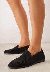 Czarne Mokasyny VICES ze Skórzaną Wkładką i Marszczeniem przy Nosku Ananora. Czarne mokasyny damskie Renee, z jeansu, bez obcasa. Za 89.99 zł.