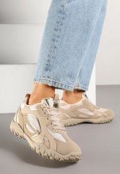 Ciemnobeżowe Sneakersy z Ozdobnym Tłoczeniem Pilliana. Brązowe obuwie sportowe damskie Born2be, z jeansu, bez zapięcia. Za 84.99 zł.