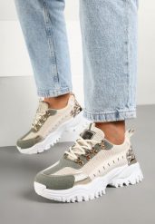 Beżowo-Zielone Streetwearowe Sneakersy na Grubej Podeszwie z Tłoczeniami i Wzorem w Panterkę Goniswen. Brązowe obuwie sportowe damskie Born2be, z jeansu, bez zapięcia. Za 109.99 zł.