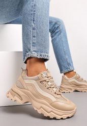 Ciemnobeżowe Sneakersy na Masywnej Podeszwie z Tłoczeniami Utonia. Brązowe obuwie sportowe damskie Renee, z jeansu, bez zapięcia. Za 119.99 zł.