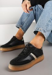 Czarne Sneakersy Tenisówki z Metalicznym Paskiem Hanalie. Czarne obuwie sportowe damskie Born2be, z aplikacjami, z jeansu, bez zapięcia. Za 84.99 zł.
