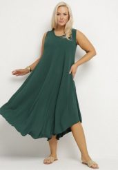 Ciemnozielona Rozkloszowana Sukienka z Bawełną Nairilo. Zielone sukienki damskie Born2be, bez wzorów, z bawełny, eleganckie, bez ramiączek. Za 99.99 zł.