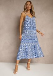 Niebieska Bawełniana Sukienka w Geometryczny Wzór Koloniela. Niebieskie sukienki damskie Renee, bez wzorów, z bawełny, eleganckie, bez ramiączek. W wyprzedaży za 43.99 zł.