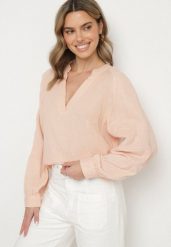 Beżowa Bawełniana Bluzka z Dekoltem w Serek Zdobiona Delikatnym Haftem Liserena. Brązowe bluzki damskie Born2be, l, z aplikacjami, z bawełny, eleganckie, bez kołnierzyka, bez ramiączek. Za 74.99 zł.