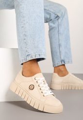 Beżowe Sneakersy Vices na Grubej Tłoczonej Podeszwie ze Sznurowaniem i Metaliczną Ozdobą Ulfedi. Brązowe obuwie sportowe damskie Born2be, z jeansu, bez zapięcia. Za 99.99 zł.
