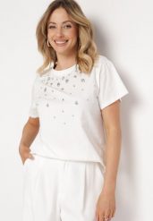 Biały T-shirt Bawełniany z Cyrkoniami na Przodzie Ikrada. Białe t-shirty damskie Born2be, m, bez wzorów, z bawełny, bez kołnierzyka. Za 129.99 zł.