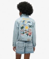 Kurtka jeansowa ozdobiona. Szare kurtki damskie Superdry, bez wzorów, z bawełny, bez kaptura. Za 480.80 zł.