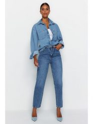 Trendyol Dżinsy - Tapered fit - w kolorze niebieskim rozmiar: 42. Niebieskie jeansy damskie Trendyol, z podwyższonym stanem. Za 79.03 zł.