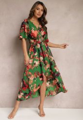 Zielono-Czerwona Asymetryczna Sukienka z Gumką w Pasie i Kopertowym Dekoltem Perlana. Zielone sukienki damskie Renee, bez wzorów, eleganckie, bez ramiączek. W wyprzedaży za 55.99 zł.