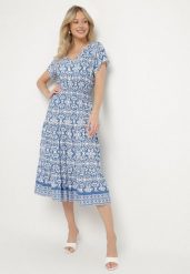 Niebieska Bawełniana Sukienka Rozkloszowana we Wzór Paisley Lanadira. Niebieskie sukienki damskie Born2be, bez wzorów, z bawełny, boho, bez ramiączek. W wyprzedaży za 46.74 zł.