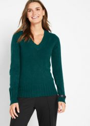 Sweter z dekoltem w serek. Zielone swetry klasyczne damskie bonprix, bez kołnierzyka. Za 62.99 zł.