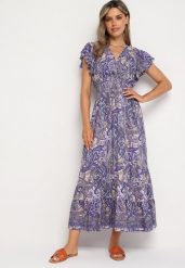 Granatowa Rozkloszowana Kopertowa Sukienka z Bawełny o Wzorze Paisley z Gumką w Talii Zonne. Niebieskie sukienki damskie Born2be, bez wzorów, z bawełny, eleganckie, bez ramiączek. Za 89.99 zł.