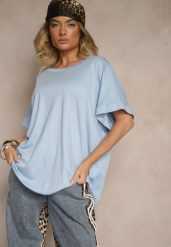 Niebieski T-shirt z Wiskozą o Fasonie Nietoperza Tanalitha. Niebieskie t-shirty damskie Renee, bez wzorów, z jeansu, bez kołnierzyka. Za 49.99 zł.