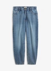Jeansy typu barrel, cropped. Niebieskie jeansy damskie bonprix, z podwyższonym stanem. Za 77.99 zł.