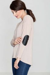 Beżowy Sweter z Łatami na Rękawach. Brązowe swetry klasyczne damskie Katrus, l, z elastanu, bez kołnierzyka. Za 179.00 zł.