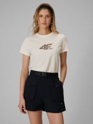 4F T-shirt regular z nadrukiem damski - biały L. Brązowe t-shirty damskie 4F, l, bez wzorów, z bawełny, bez kołnierzyka. Za 59.99 zł.