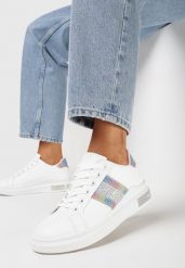 Białe Sneakersy na Grubej Podeszwie z Cyrkoniami i Metalicznymi Wstawkami Arelai. Białe obuwie sportowe damskie Born2be, na lato, z jeansu, bez zapięcia. Za 84.99 zł.