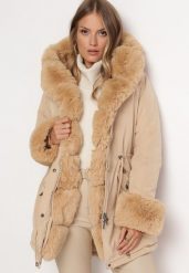 Beżowa Kurtka Parka z Futerkiem i Ściągaczem Hegade. Brązowe kurtki damskie Born2be, xl, z futra, bez kaptura. Za 339.99 zł.