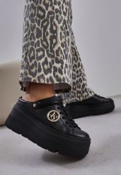 Czarne Sneakersy Vices na Platformie z Tłoczeniem Paskiem na Pięcie i Metaliczną Aplikacją Selfedi. Czarne obuwie sportowe damskie Renee, z jeansu, bez zapięcia. Za 129.99 zł.