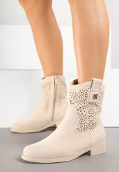 Beżowe Botki Kowbojki Ażurowe Efaliria. Brązowe botki damskie Renee, bez obcasa, na płaskiej podeszwie, bez zapięcia. Za 109.99 zł.