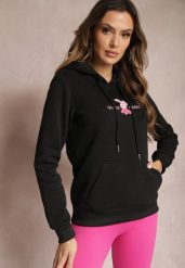 Czarna Ocieplona Bluza z Kapturem Ozdobiona Naszywką i Napisem Eirellia. Czarne bluzy damskie Renee, l, z aplikacjami, z dzianiny, z kapturem. Za 79.99 zł.