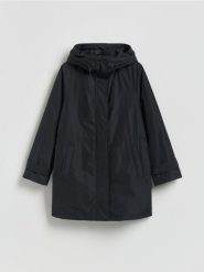 Kurtka z kapturem - czarny. Czarne kurtki damskie Reserved, l, bez wzorów, z tkaniny, z kapturem. Za 199.99 zł.