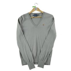 Second life - Damski szary sweter z dekoltem w serek - Stan bardzo dobry. Szare golfy damskie Ralph Lauren, bez wzorów, bez ramiączek. Za 191.66 zł.