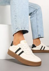 Beżowo-Czarne Sneakersy w Stylu Tenisówek z Paskami na Boku Saliena. Brązowe obuwie sportowe damskie Born2be, z jeansu, bez zapięcia, tenisowe. Za 99.99 zł.