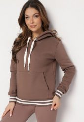 Brązowa Bawełniana Bluza z Kapturem i Ściągaczami w Paski Nempis. Brązowe bluzy damskie Born2be, na zimę, bez wzorów, z bawełny, z kapturem. Za 99.99 zł.