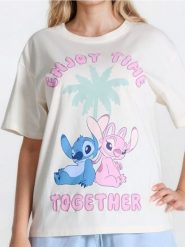 Koszulka Stitch - kremowy. Białe koszulki damskie Sinsay, l, bez wzorów, bez kołnierzyka, bez ramiączek. W wyprzedaży za 27.99 zł.