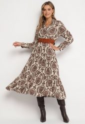 Brązowa Wiskozowa Kopertowa Sukienka w Stylu Boho z Materiałowym Paskiem z Klamrą Rinovia. Brązowe sukienki damskie Born2be, bez wzorów, z materiału, boho, bez ramiączek. W wyprzedaży za 110.49 zł.
