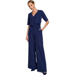 Kombinezon z Szerokimi Nogawkami - Granatowy. Niebieskie kombinezony damskie MOE, l, bez wzorów, z lycry, eleganckie, bez kołnierzyka, bez ramiączek. Za 314.90 zł.
