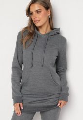 Ciemnoszara Bluza z Bawełną z Kapturem Ozdobiona Sznurkami Mivonia. Szare bluzy damskie Born2be, l, bez wzorów, z bawełny, z kapturem. Za 49.99 zł.