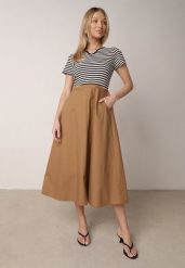 Czarno-Beżowa Rozkloszowana Sukienka z Bawełny Imitująca Bluzkę w Paski i Spódnicę Chathusa. Czarne sukienki damskie Born2be, bez wzorów, z bawełny, casualowe, bez ramiączek. Za 99.99 zł.