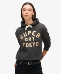 Superdry Bluza z kapturem Glitter Graphic Logo Washed Black. Czarne bluzy damskie Superdry, bez wzorów, z bawełny, z kapturem. Za 387.20 zł.