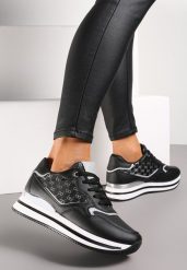 Czarne Sneakersy na Grubej Podeszwie z Metaliczną Wstawką Piria. Czarne obuwie sportowe damskie Renee, z dresówki, bez zapięcia. Za 89.99 zł.