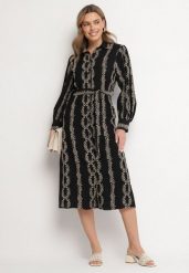 Czarna Koszulowa Sukienka z Wiskozy z Wiązanym Paskiem Zdobiona Haftem Rallisia. Czarne sukienki damskie Born2be, z aplikacjami, z wiskozy, eleganckie, bez ramiączek. W wyprzedaży za 144.49 zł.