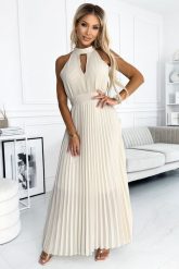 Beżowa Plisowana Sukienka z Dekoltem Typu Halter. Brązowe sukienki damskie NUMOCO, bez wzorów, z elastanu, wizytowe, bez ramiączek. Za 204.90 zł.
