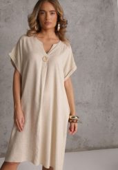 Beżowa Sukienka o Pudełkowym Kroju z Lnem i Wiskozą Zdobiona Guzikiem Mezynore. Brązowe sukienki damskie Renee, z aplikacjami, z bawełny, wakacyjne, bez ramiączek. Za 89.99 zł.