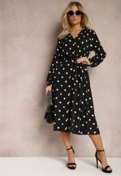 Czarna Wiskozowa Sukienka o Koszulowym Fasonie w Kropki z Paskiem i Kieszeniami Liliea. Czarne sukienki damskie Renee, bez wzorów, z wiskozy, eleganckie, bez ramiączek. W wyprzedaży za 111.99 zł.