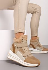 Ciemnobeżowe Sneakersy na Koturnie z Metalicznymi Wstawkami i Sztucznym Futerkiem Lerilanes. Brązowe obuwie sportowe damskie Renee, z materiału, bez zapięcia. Za 119.99 zł.